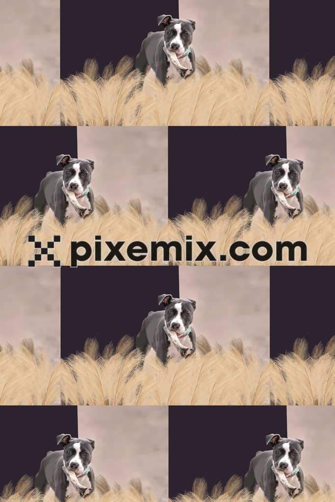 Photomanipulation art inspired grass and dog product graphic with seamless repeat pattern
