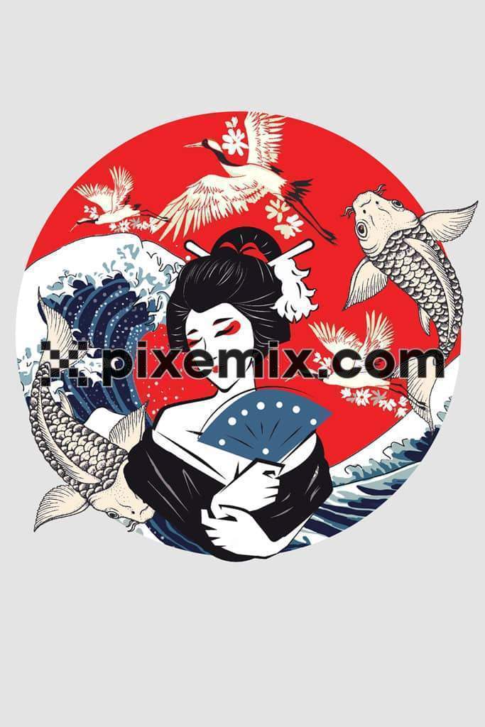 Oriental art inspired japanese geisha and koi fish product graphics