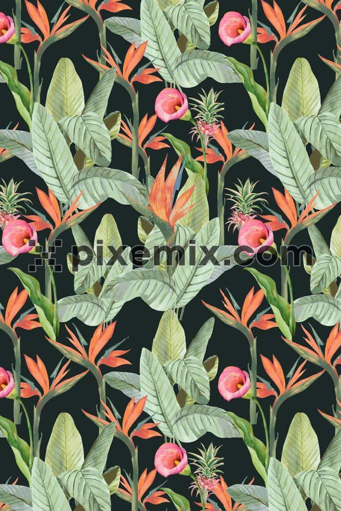 Banana leaf and florals product graphic with seamless repeat pattern