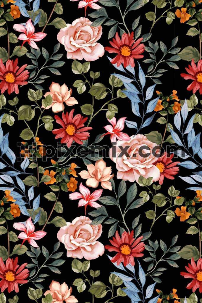 Colourful florals and leaf  product graphic with seamless repeat pattern