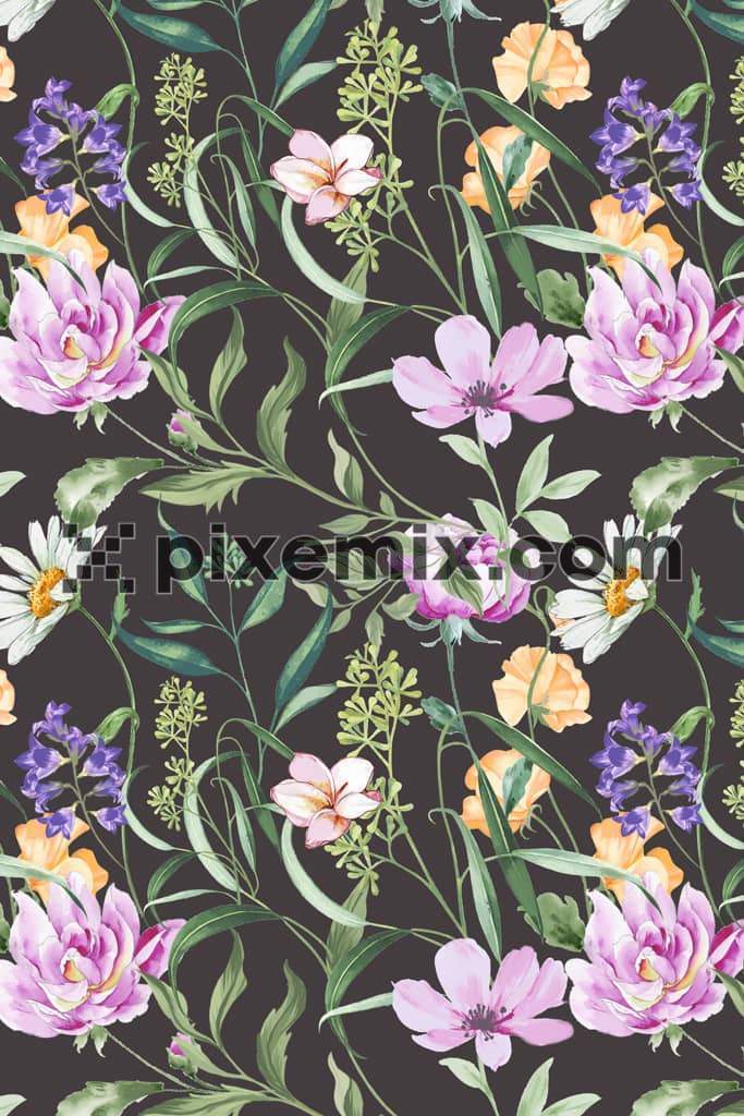 Colourful florals and leaf product graphic with seamless repeat pattern