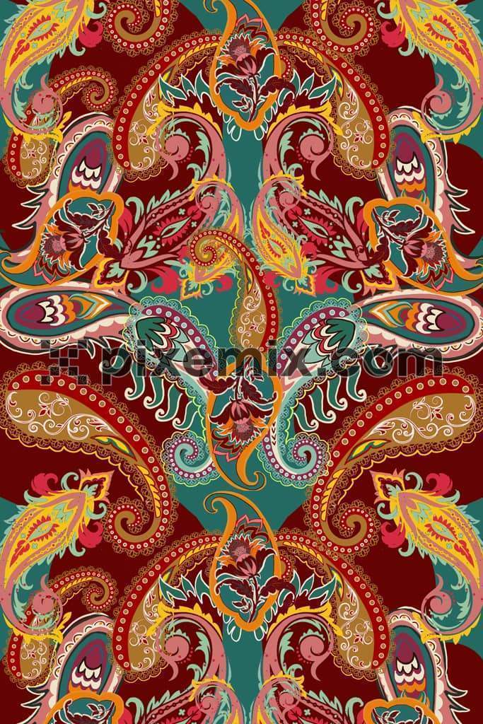 Ethnic art inspired paisley art  product graphic with seamless repeat pattern