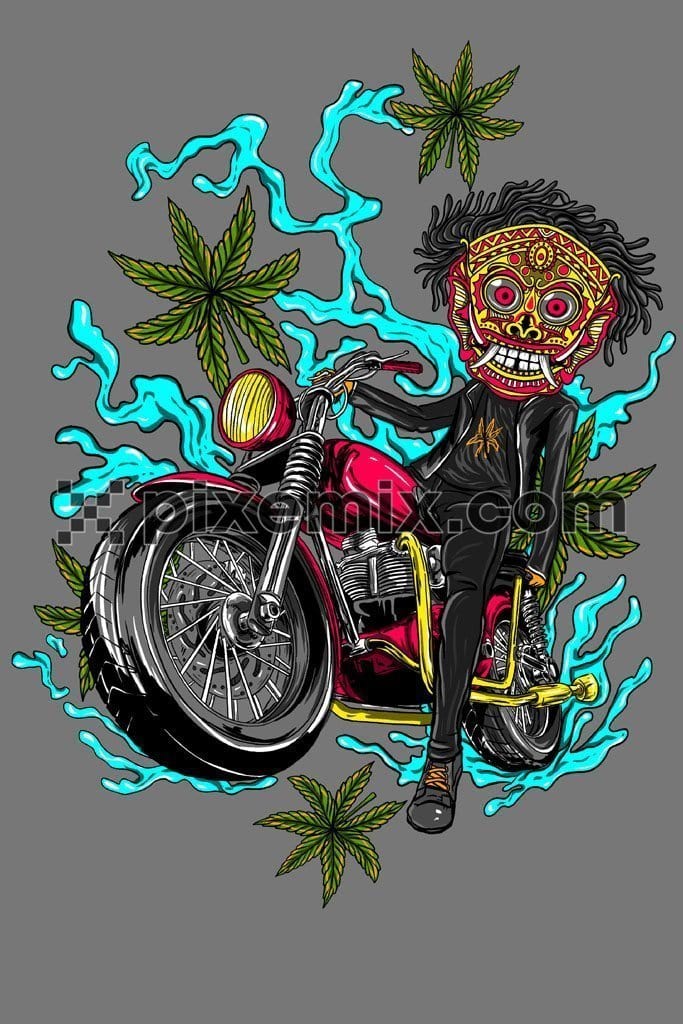 Barong mask inspired biker and leaf product graphic