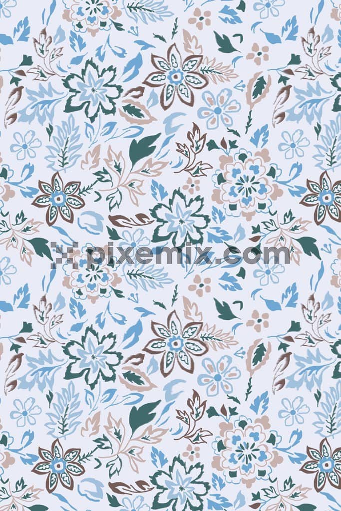 Doodle florals and leaf product graphuc with seamless repeat pattern