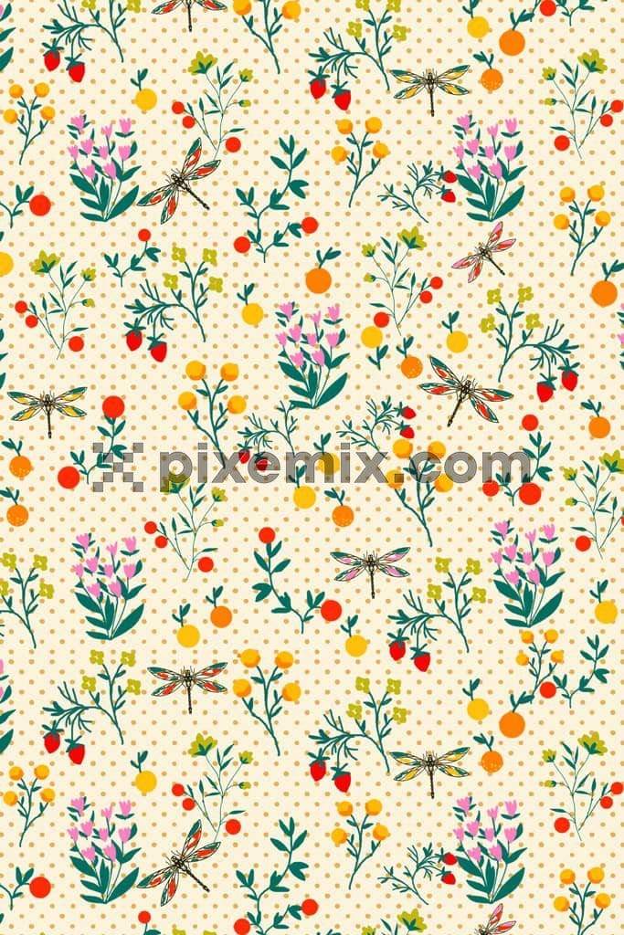Doodle florals and fruit product graphuc with seamless repeat pattern