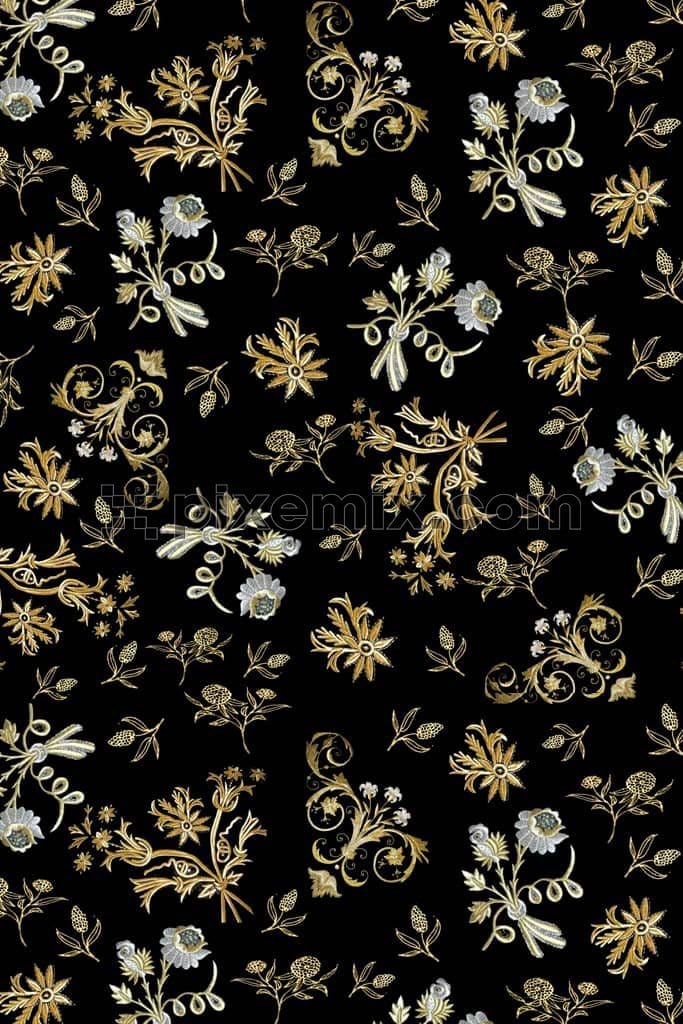 Golden floral and leaf product graphuc with seamless repeat pattern