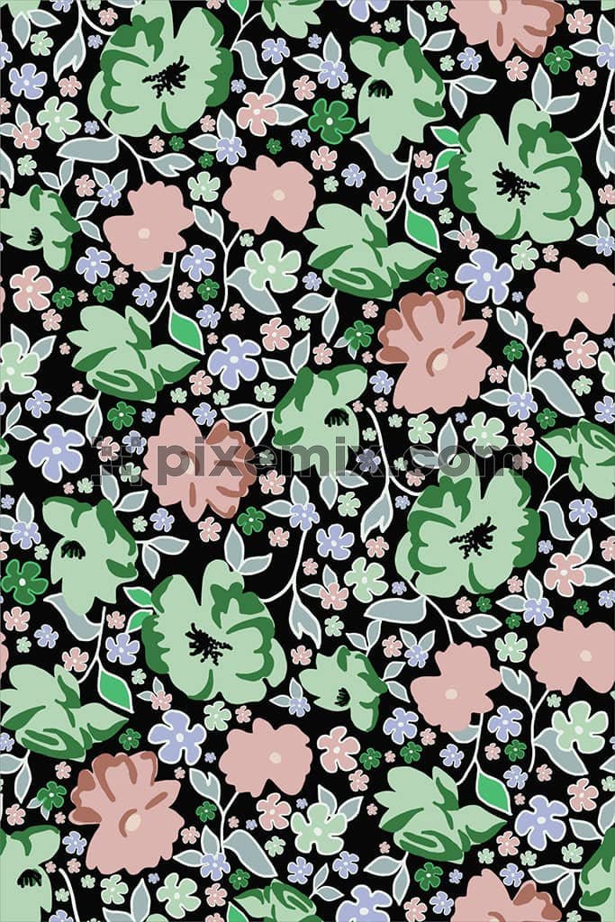 Doodle floral and leaf product graphuc with seamless repeat pattern