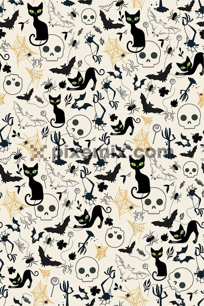 Halloween  inspired doodle animal product graphuc with seamless repeat pattern