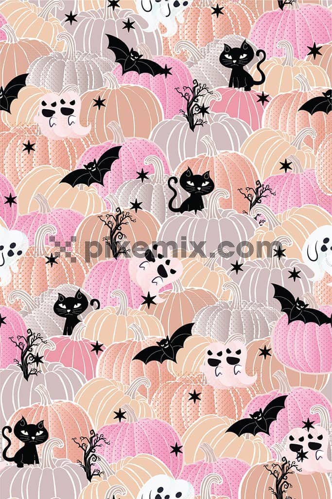 Halloween inspired doodle bat and pumpkin product graphuc with seamless repeat pattern