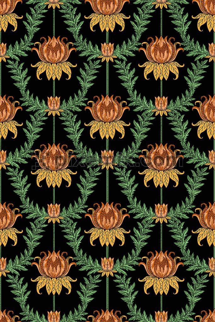 Floral and leaf product graphuc with seamless repeat pattern
