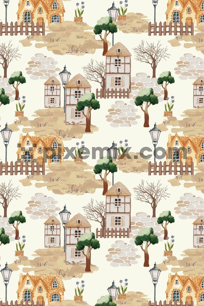Doodle village art product graphic with seamless repeat pattern