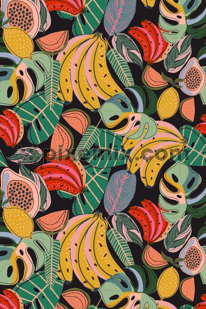 Doodle art inspired tropical leaf and fruits product graphic with seamless repeat pattern