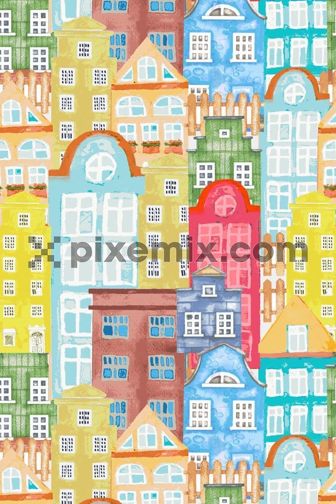 Doodle city product graphic with seamless repeat pattern