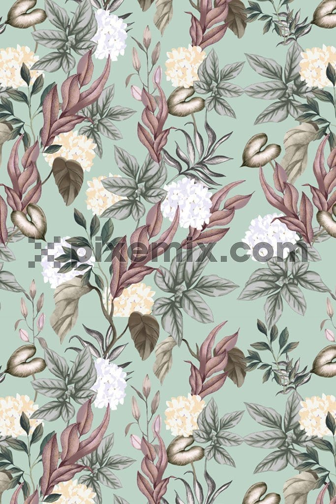 Tropical leaf and florals product graphic with seamless repeat pattern