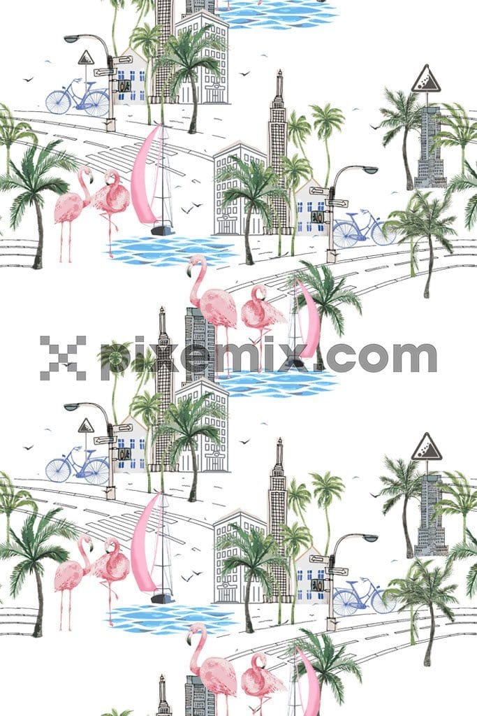 Tropical art inspired city and flamingo product graphic with seamless repeat pattern