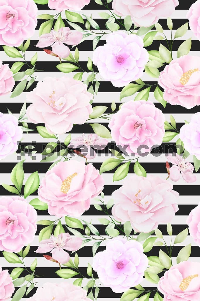 Stripe art florals and leaf product graphic with seamless repeat pattern