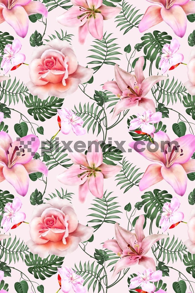 Monstera leaf and florals product graphic with seamless repeat pattern