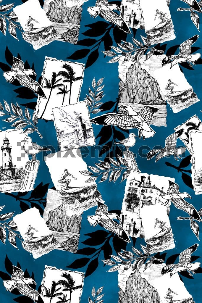 Surfing man and birds product graphic with seamless repeat pattern