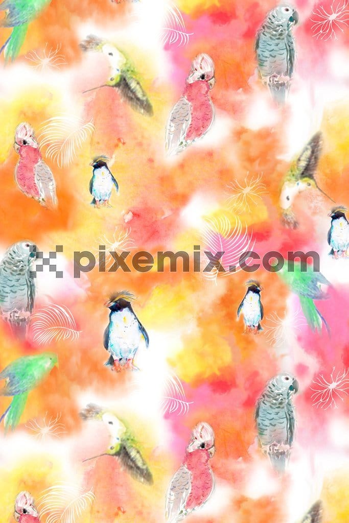 Watercolor effect and birds product graphic with seamless repeat pattern