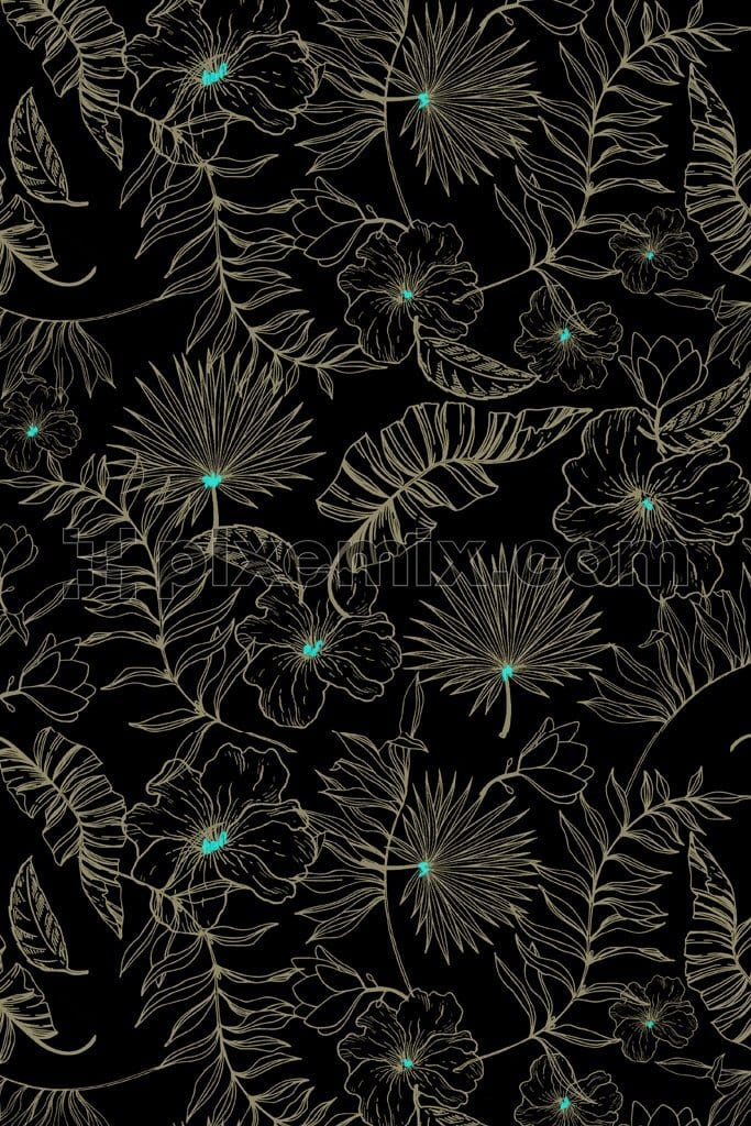 Lineart florals and leaf product graphic with seamless repeat pattern
