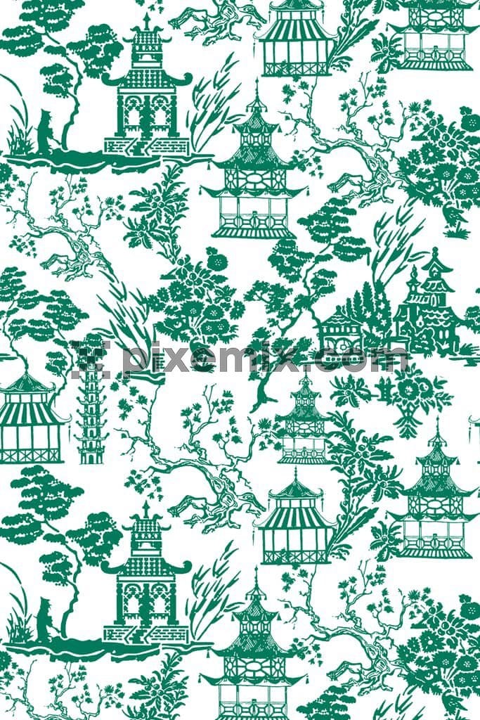 Doodle art inspired vintage chinese village product graphic with seamless repeat pattern