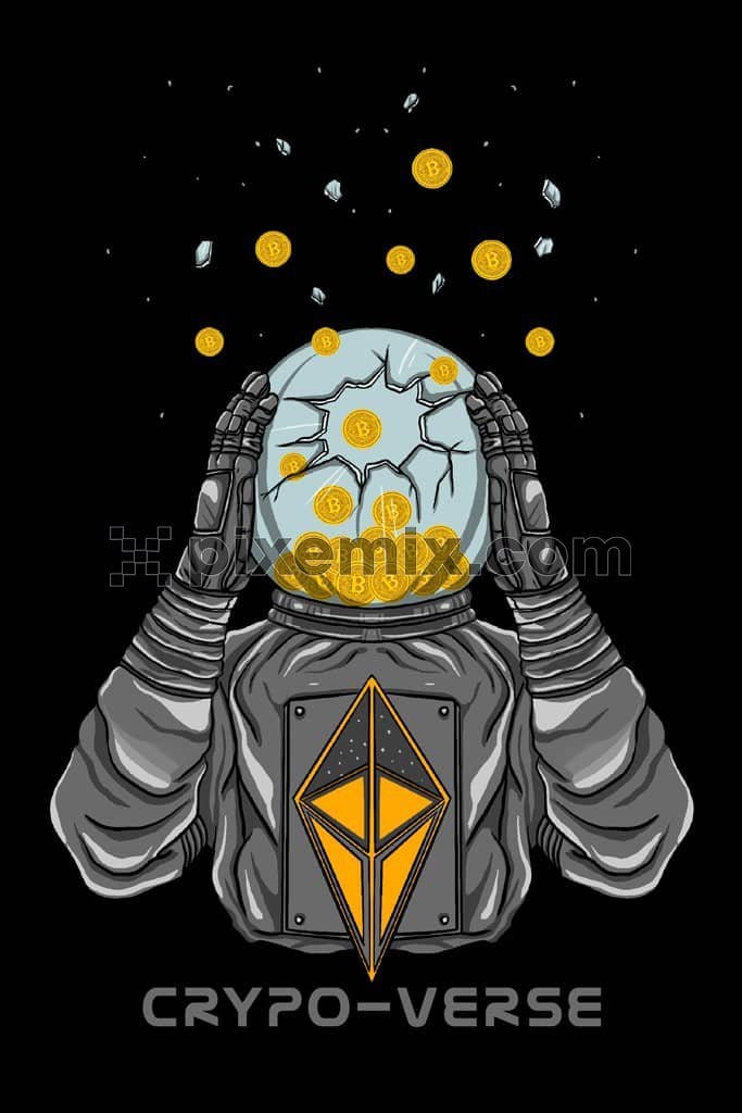 Cryptocurrency inspired doodle astronut in space product graphic