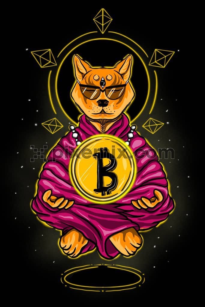 Cryptocurrency inspired meditation dog product graphic