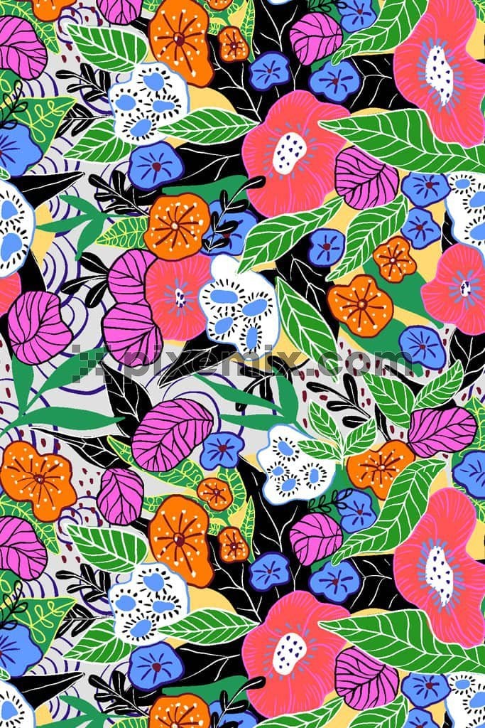 Doodle art florals and leaves product graphic with seamless repeat pattern