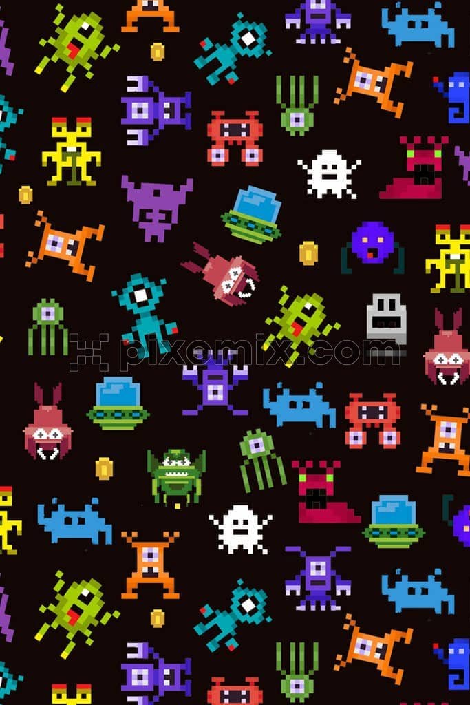 Gaming inspired pixel robots product graphic with seamless repeat pattern