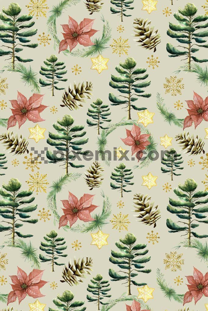 Winter inspired tropical leaves product graphic with seamless repeat pattern