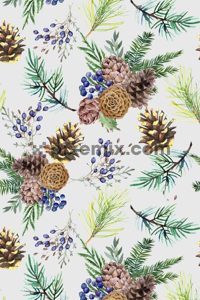 Pine leaf and fruits product graphic with seamless repeat pattern