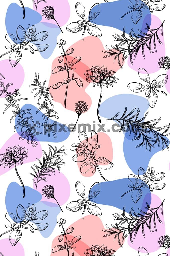 Abstract shape and line art florals and leaves product graphic with seamless repeat pattern