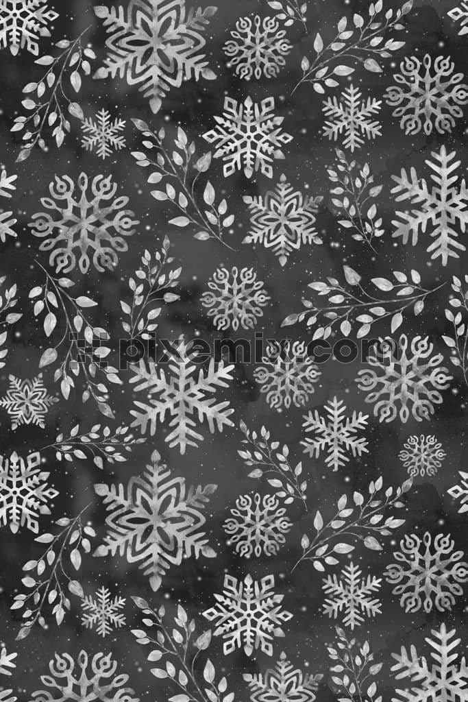 Winter inspired monochrome leaves and snowfall effect product graphic with seamless repeat pattern