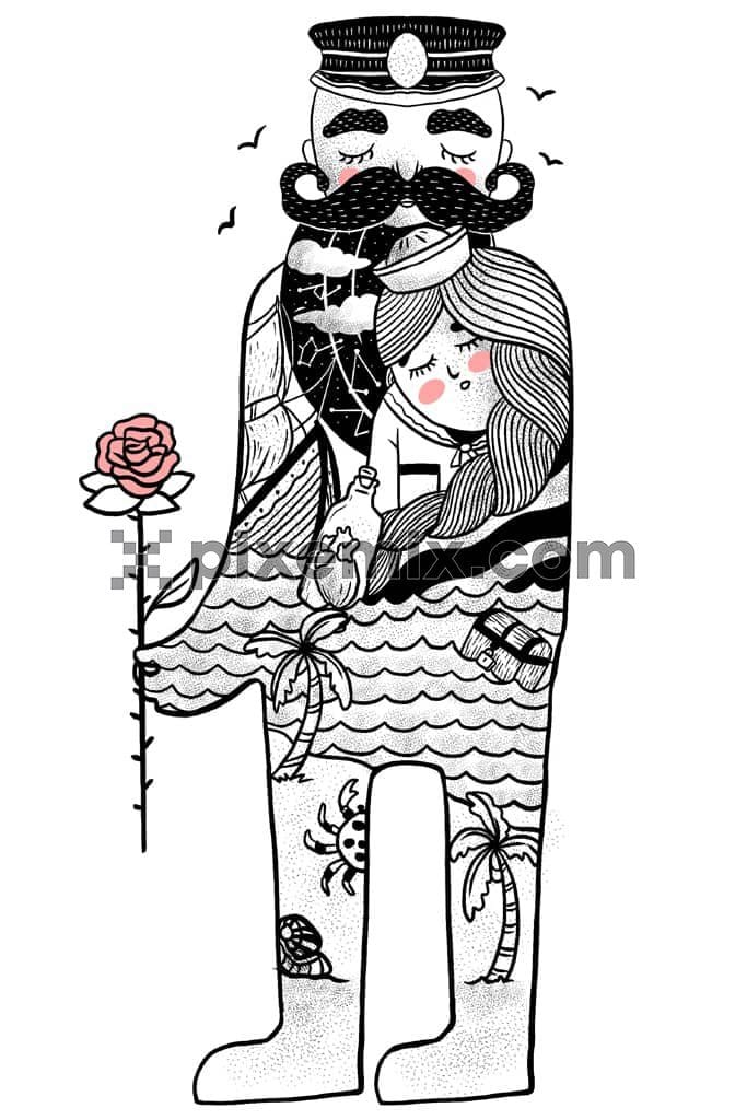 Doodleart inspired Ocean and sailor with rose product graphic