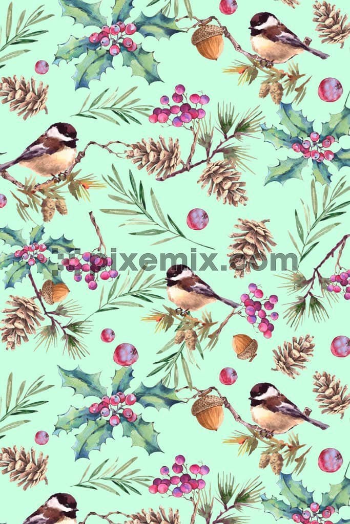 Tropical leaves and birds product graphic with seamless repeat pattern
