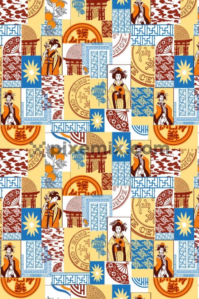 Oriental art inspired mix and match product graphic with seamless repeat pattern