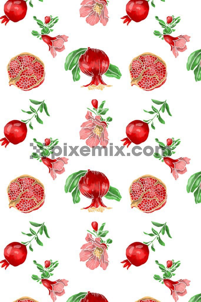 Doodle art inspired pomegranate and florals product graphic with seamless repeat pattern
