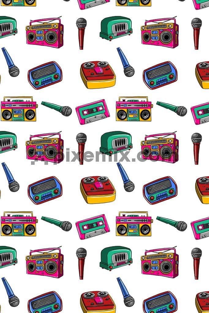 Music inspired radio and microphone product graphic with seamless repeat pattern