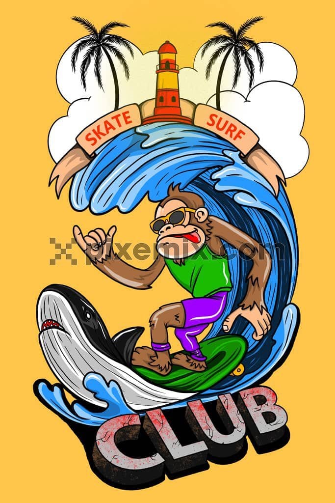 Skating and surfing dodole monkey and shark product graphic