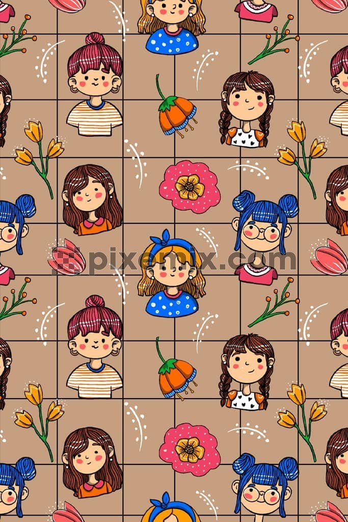 Cartoon girls face and doodle florals product graphic with seamless repeat pattern