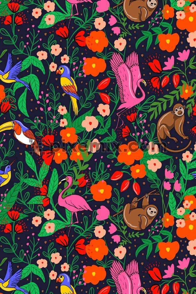 Doodleart inspired tropical jungle birds and animals product graphic with seamless repeat pattern