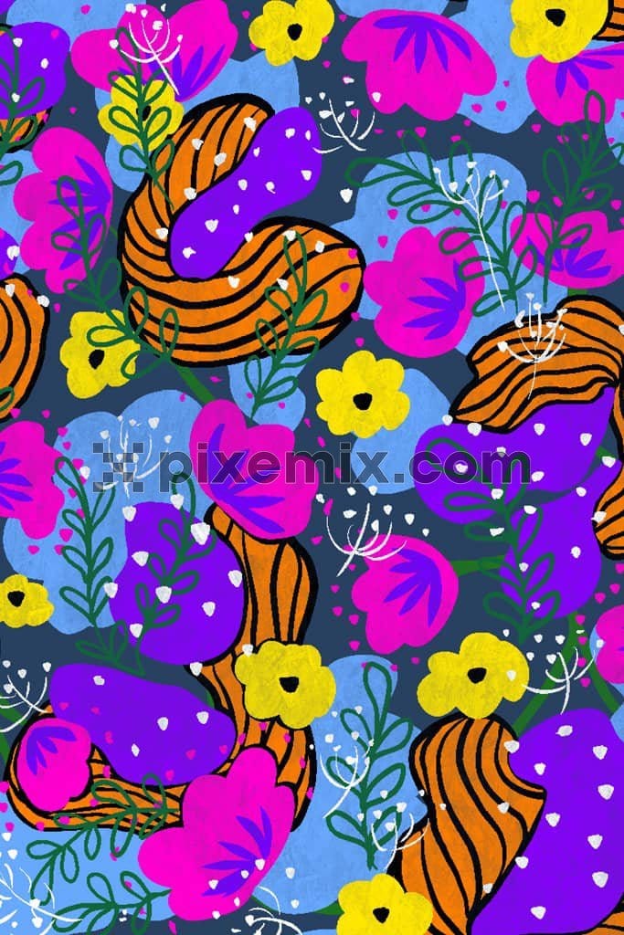 Doodleart floral and leaf product graphic with seamless repeat pattern