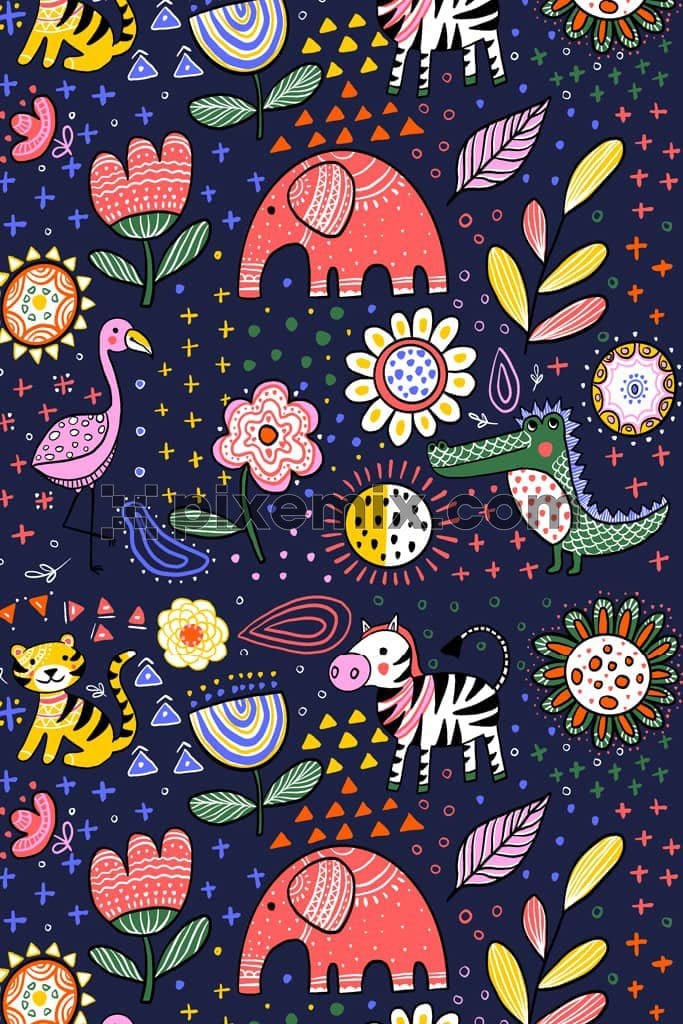 Cute doodleart animals product graphic with seamless repeat pattern