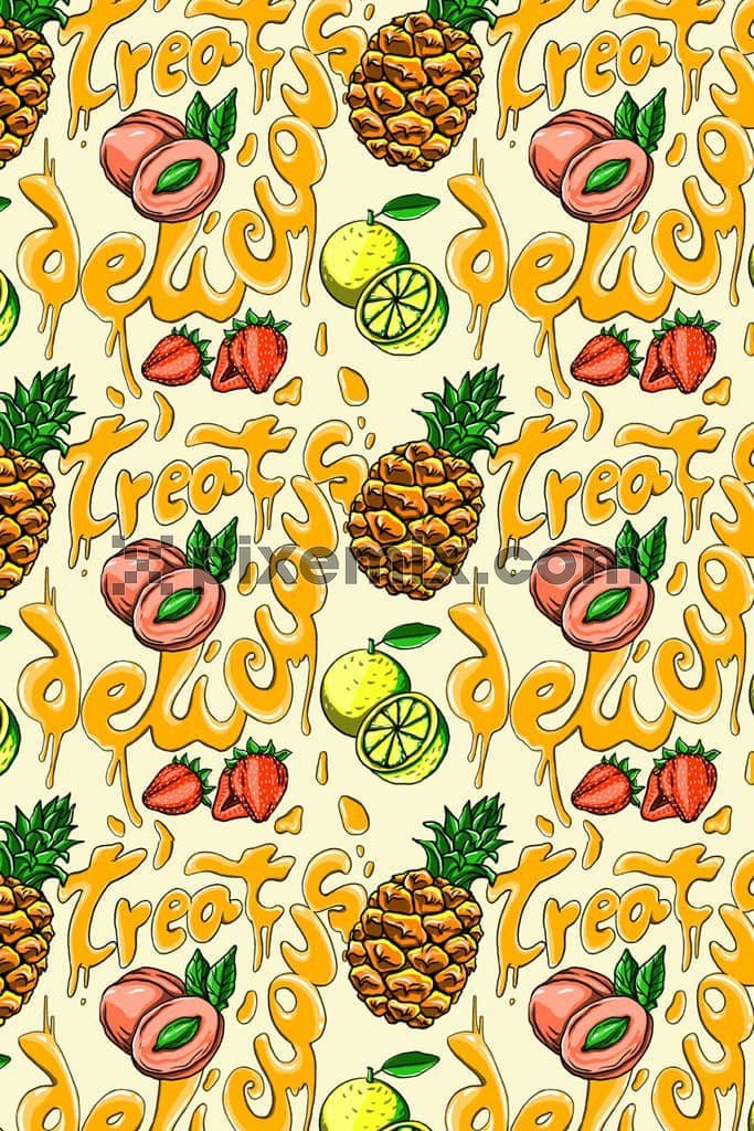 Doodleart fruits and melting typography with seamless repeat pattern