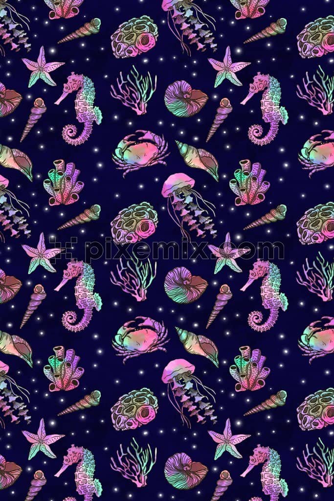 Popart inspired underwater sea animals and plants product graphic with seamless repeat pattern