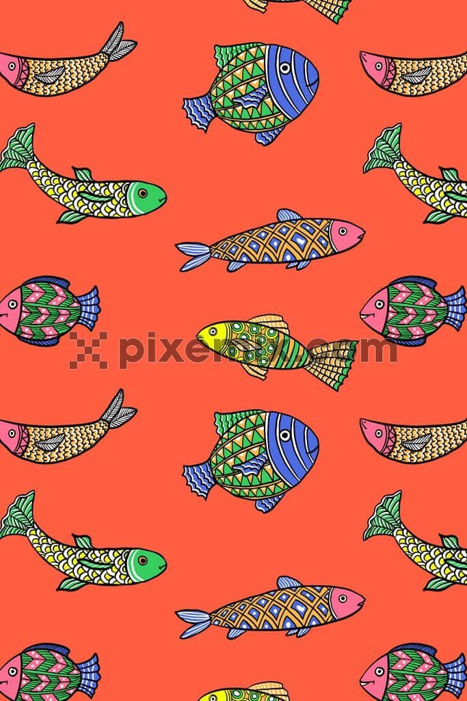 Dodoleart inspired cute fish product graphic with seamless repeat pattern