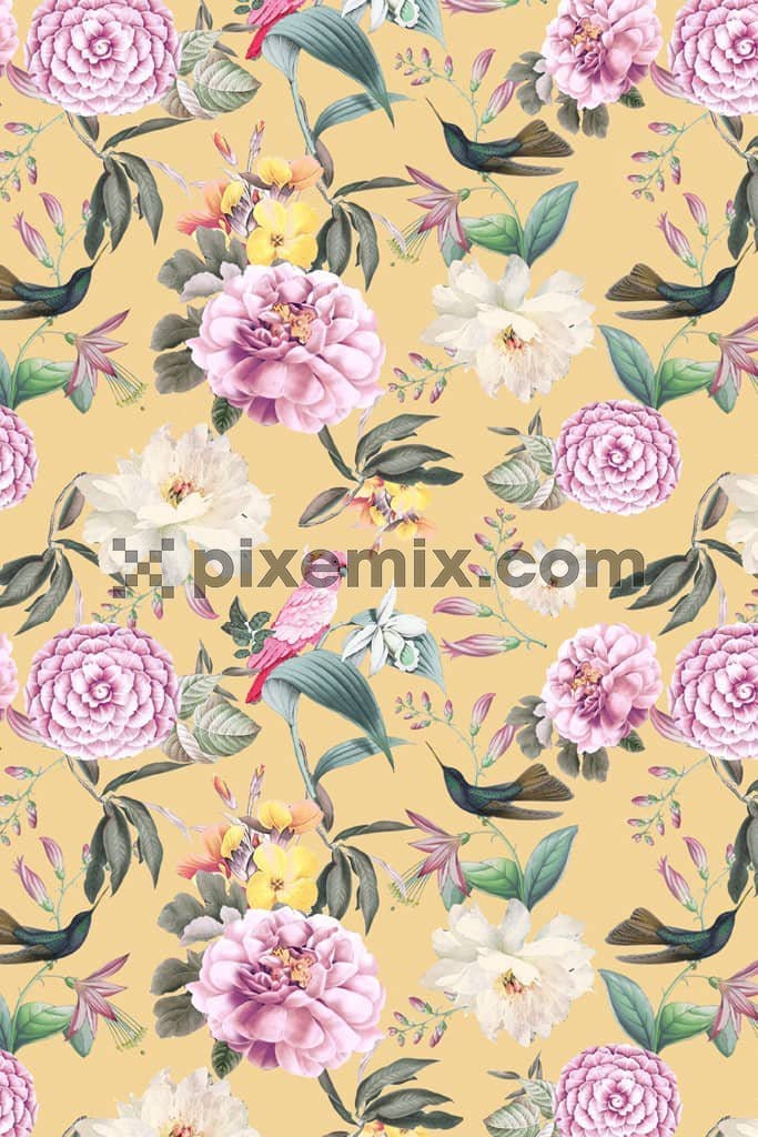 Tropical florals and birds product graphic with seamless repeat pattern