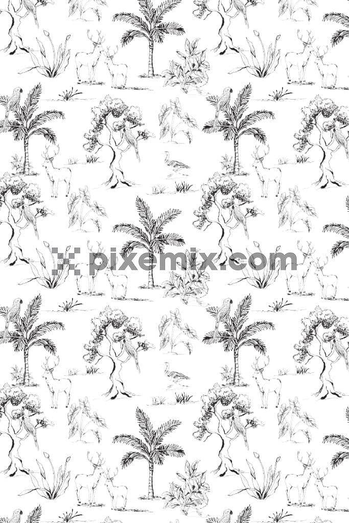 Doodle jungle and wild animals product graphic with seamless repeat pattern