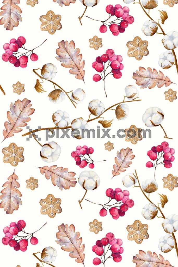 Winter inspired leaf and cherry fruits product graphic with seamless repeat pattern