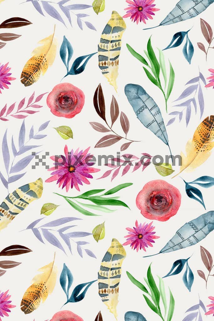 Doodle florals and feather product graphic with seamless repeat pattern
